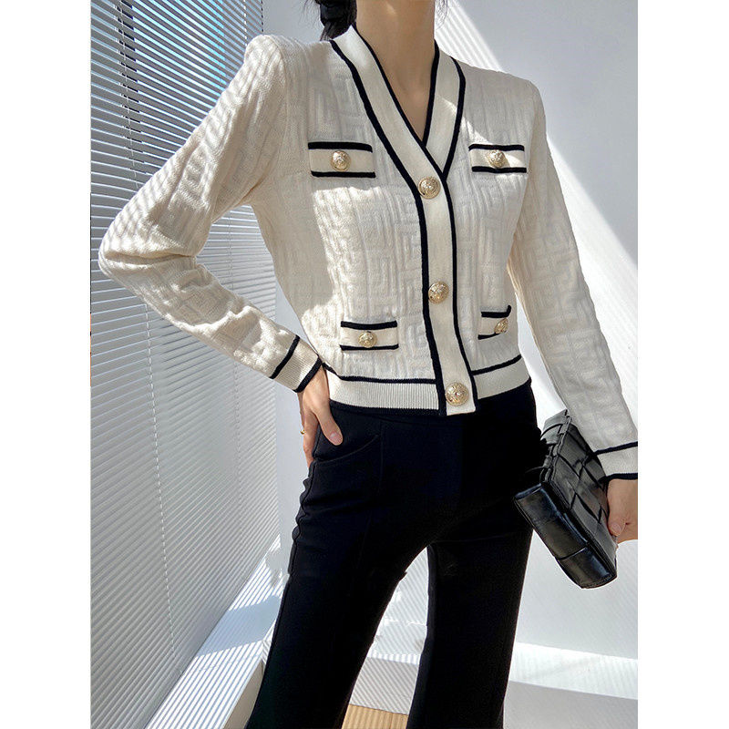 Crop Cardigan Vintage - Primavera outono novo decote em v