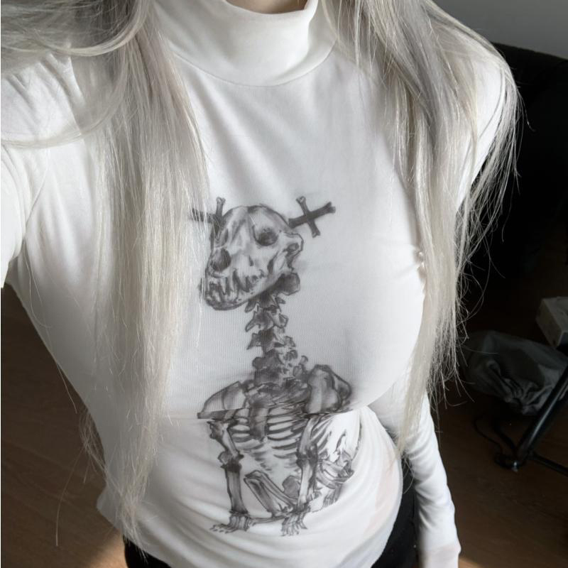 Turtleneck Knit 90S - Crânio gótico fino gola alta querida