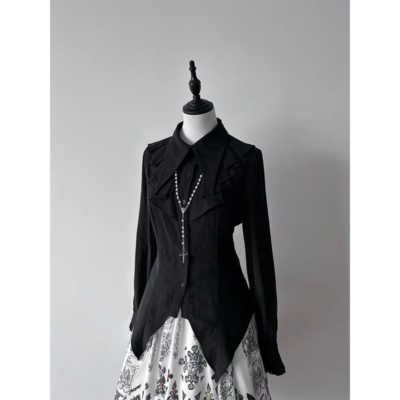 Vintage Fashion Japan - Gótico babados camisas pretas mulheres kawaii