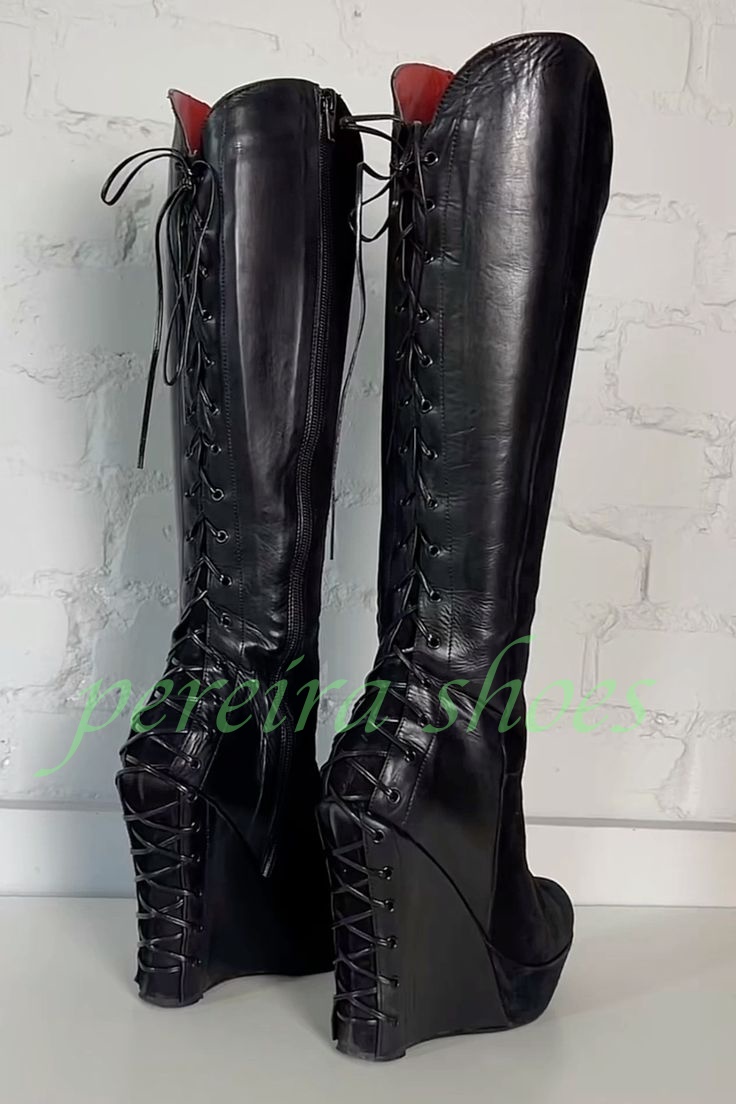 Vintage Zipper - Senhora plataforma preta cunhas salto joelho
