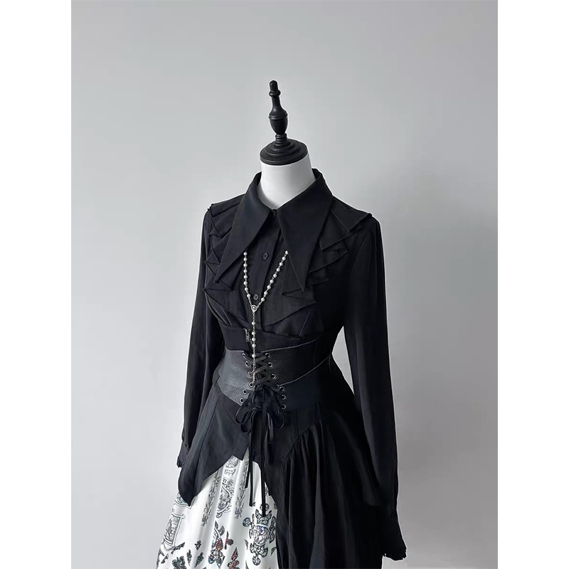 Gótico babados camisas pretas  - Vintage Fashion Japan avaliação e preço