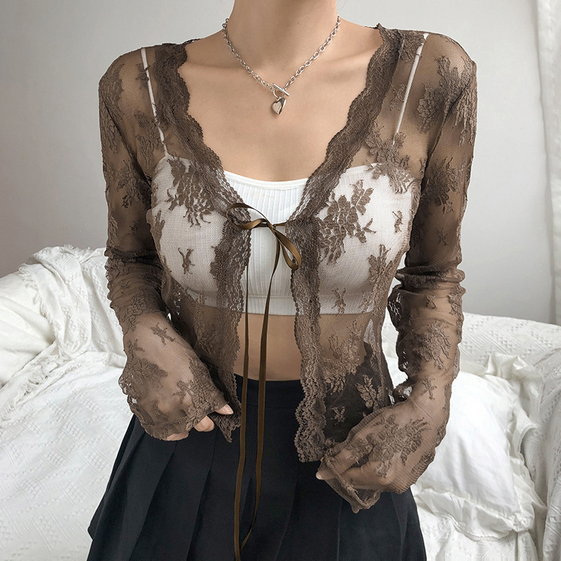 Mulheres ver através de renda  - Crop Cardigan Vintage avaliação e preço